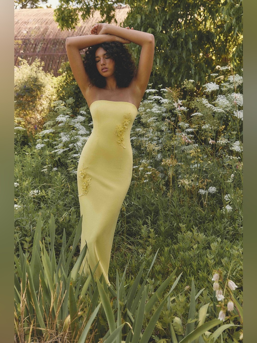 ELLIATT Evee Strapless Maxi Dress in Yellow Floral Appliqué Size S NWOT